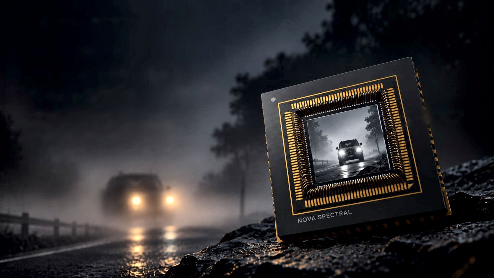 Illustrative render: the Nova Spectral SWIR image sensor chip on a wet road at night. In the fog behind it a car is almost hidden to the eye, while the image on the chip's sensor shows the same car clearly.