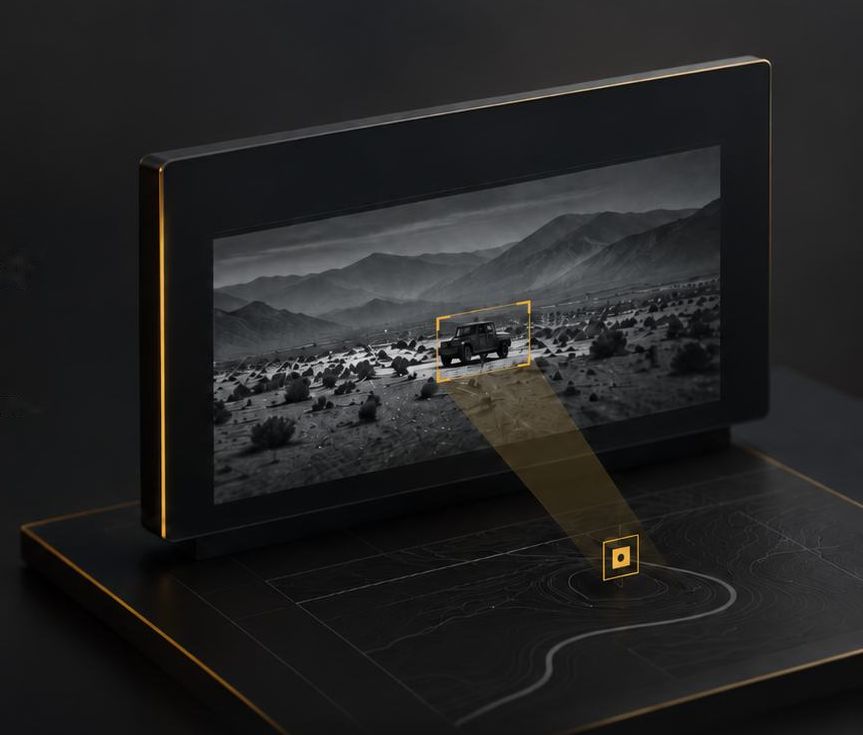 Illustrative render: a display showing a black-and-white SWIR view of a desert valley, with a vehicle locked inside a gold target box and its position marked on a terrain map below.